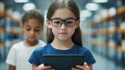 A focused girl in glasses uses a tablet, while another child observes in a warehouse setting filled with shelves.