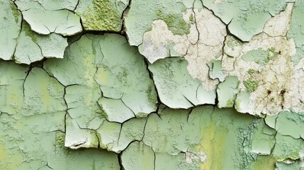 Obraz premium Detailed Close-Up of Weathered Green Paint Peeling Off Surface, Showcasing Cracked Texture and Layered Patterns on Worn Wood or Wall in Various Shades of Green