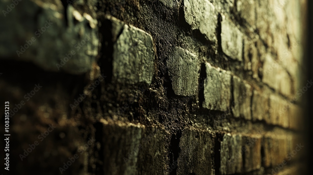Poster close-up view of textured and weathered brick wall with shadows and muted light, highlighting surfac