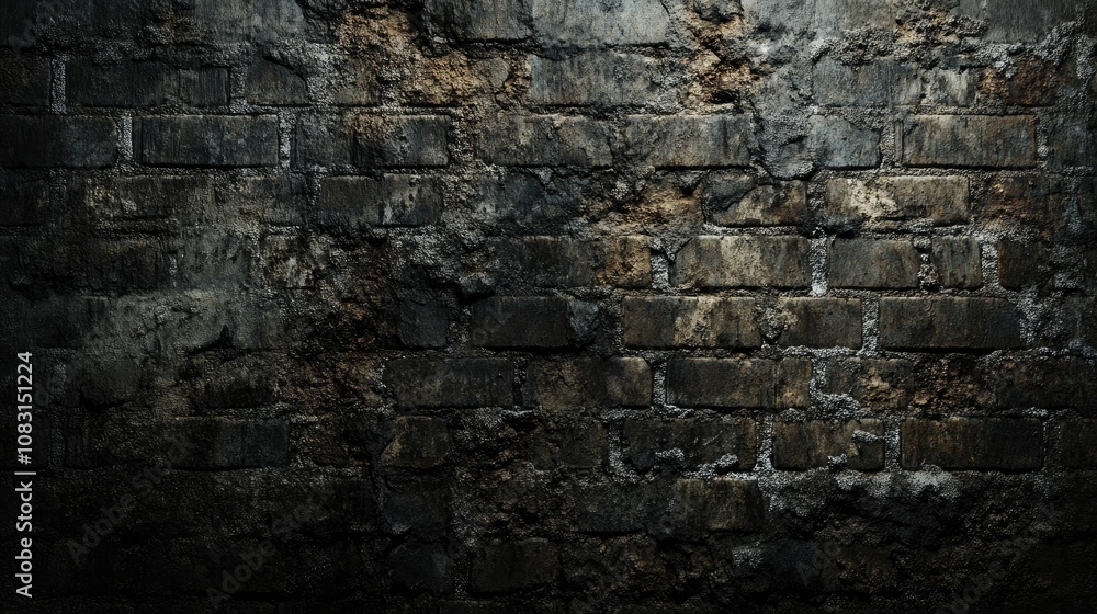 Poster grungy textured wall background with dark and weathered bricks, perfect for creating a moody atmosph