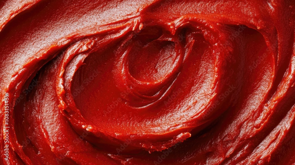 Aufkleber close-up view of velvety, rich red sauce swirled in a decorative pattern on a smooth surface ideal f