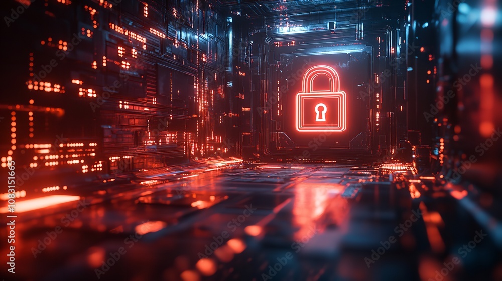 Poster a computer screen with a glowing lock symbol on it