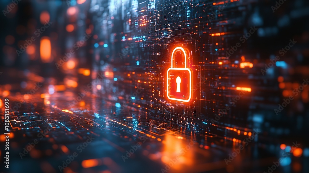 Poster a computer screen with a glowing lock symbol on it