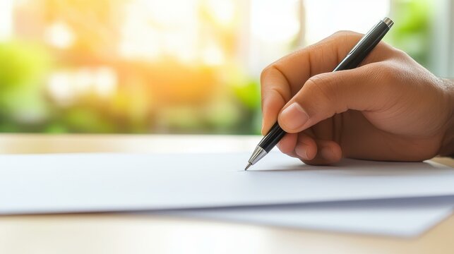 A focused view of a hand signing a contract in a modern office, highlighting professionalism and commitment.