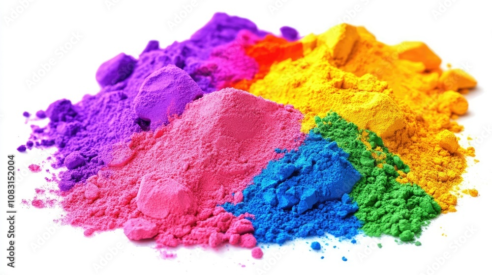 Poster vibrant color powders in different shades piled together creating a colorful display for art, design