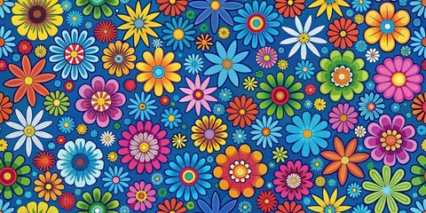 A vibrant and playful psychedelic floral pattern with bold colors and playful shapes on a deep blue background