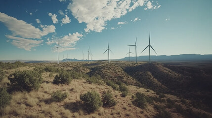 Aerial view of expansive wind farm with numerous turbines generating clean energy, symbolizing sustainable power and environmental conservation