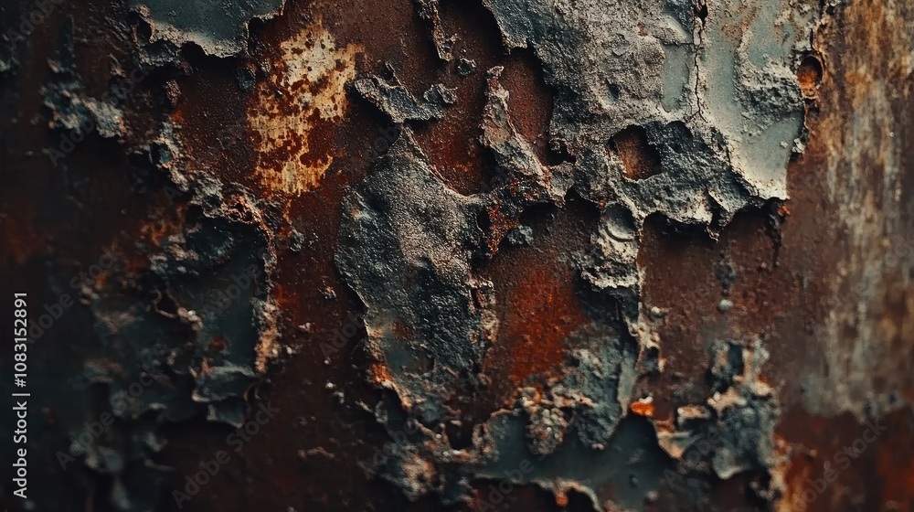 Poster grungy metallic surface with flaking paint and rust, close-up view of textured background for indust