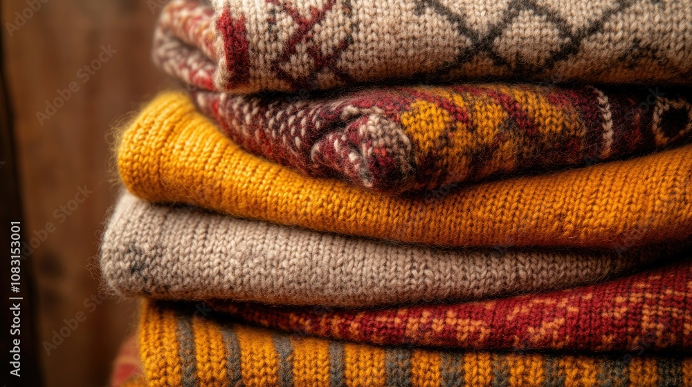 Poster cozy and colorful knit sweaters piled neatly in layers, showcasing various textures and patterns in 