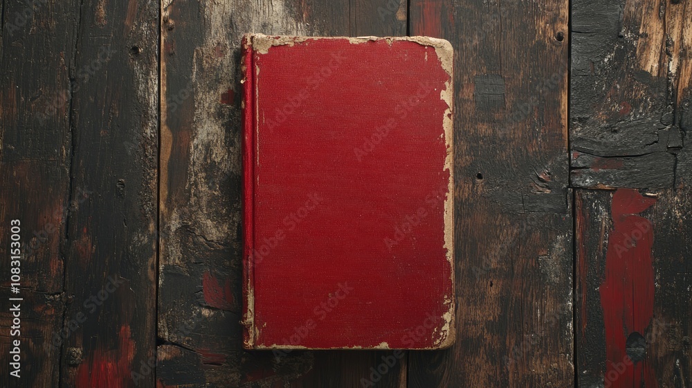 Poster vintage worn red book with frayed edges resting on a rustic wooden surface highlighting texture and 