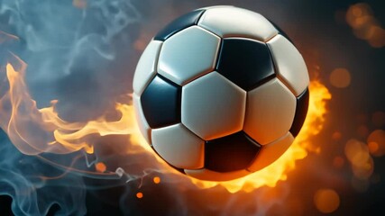 Classic soccer ball on fire tears through the net, stretching it on a dark background. Realistic. - Powered by Adobe