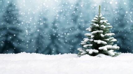 Obraz premium A small evergreen tree covered in snow stands in front of a snowy forest background.