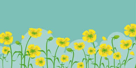 Cute groovy yellow flowered background, bright floral decoration backdrop with empty area