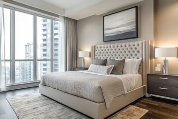 Fototapeta premium A luxurious brown bed with soft, plush fabric, offering ultimate comfort. Large windows provide a stunning view of the bustling city skyline, blending relaxation with urban elegance.