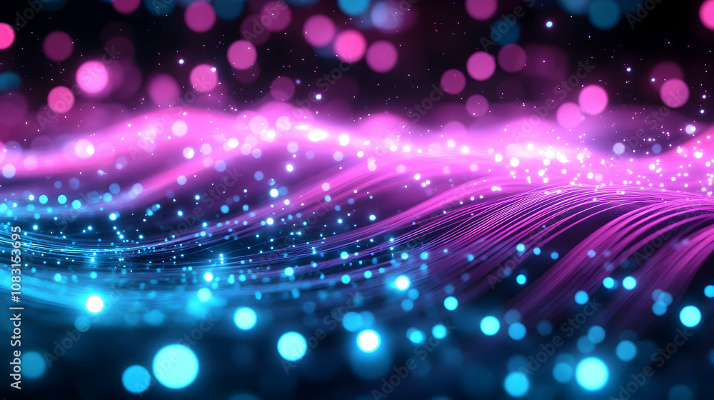 Poster abstract 3d background: vibrant pink and blue neon waves with glowing particles, shimmering and spar