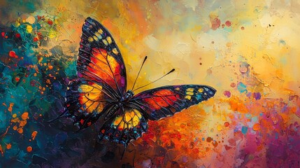 Obraz premium Colorful butterfly in flight, joyful ambiance, radiant tones, detailed wings