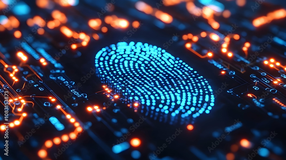 Poster abstract 3d fingerprint illustration on circuit board background with glowing lights