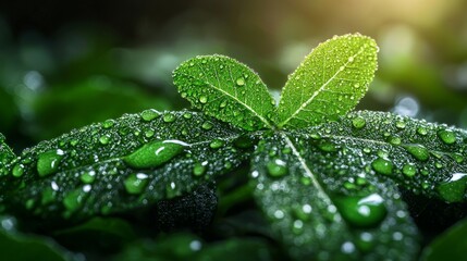 Cross made of vibrant green leaves, detailed textures with dew drops, warm sunlight filtering through, symbolizing renewal and life, Easter theme