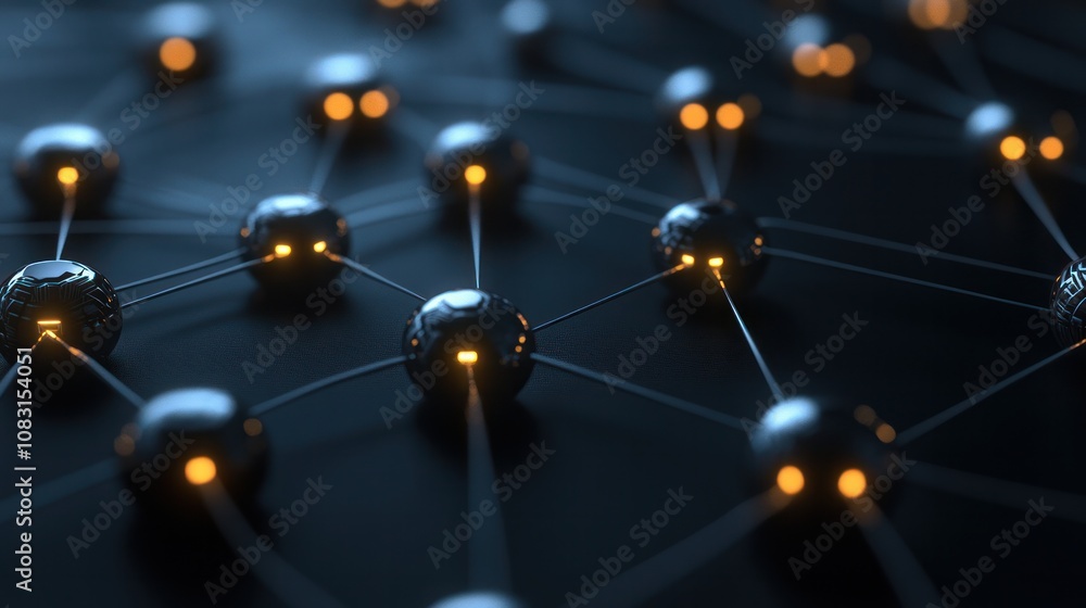 Poster blockchain technology in a 3d format, depicting multiple layers of linked chains with luminous spher