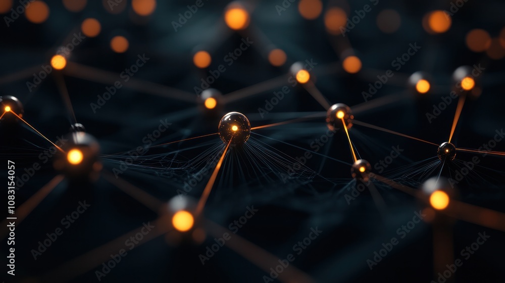 Poster blockchain technology in a 3d format, depicting multiple layers of linked chains with luminous spher