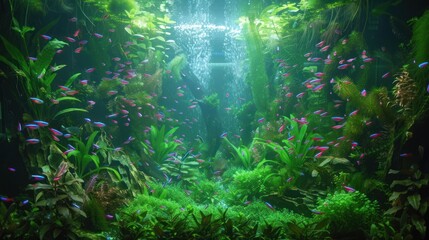 Obraz premium A vibrant aquarium featuring lush, live plants and beautiful fish, creating a serene underwater ecosystem. The natural plants enhance the aquatic environment, offering a peaceful, visually stunning di