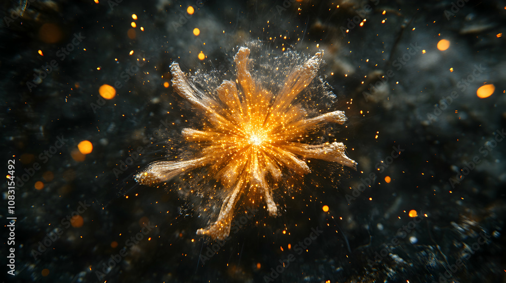 Poster golden spark explosion: abstract 3d render of a radiant burst of light and particles against a dark 