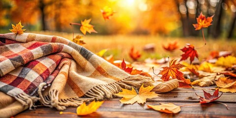 Obraz premium Autumnal Blanket Resting on a Wooden Surface Surrounded by Fallen Leaves in a Forest Setting