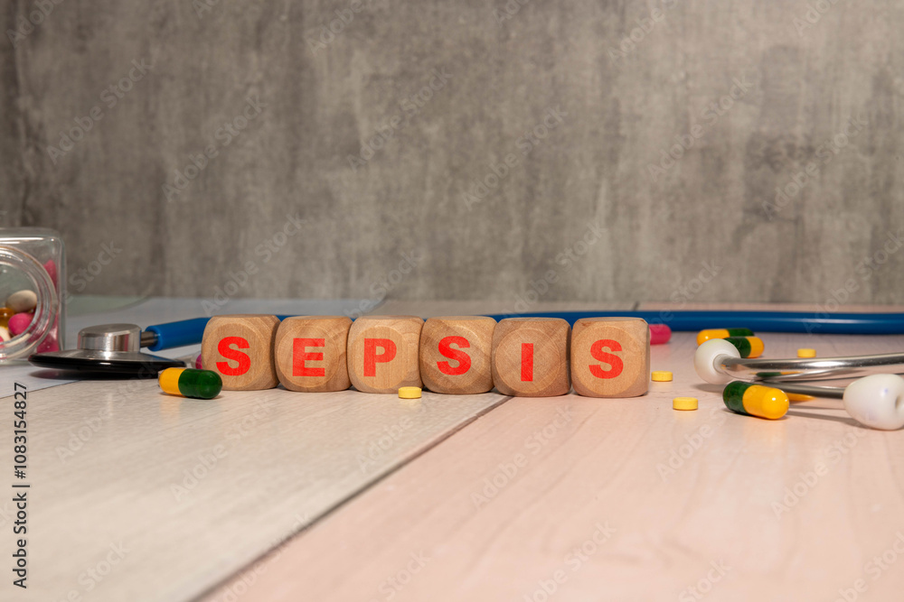 Poster top view blocks with word sepsis on the white background with pills.