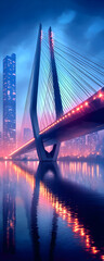 Obraz premium Illuminated cable-stayed bridge at night reflecting in calm water with city skyline.
