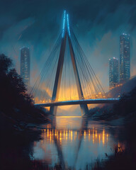 Obraz premium Illuminated cable-stayed bridge at night, reflecting in calm water, with city skyline in background.
