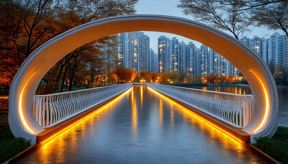 Obraz premium Illuminated modern bridge arching over calm water, city skyline in background.