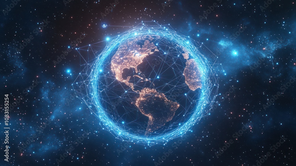 Poster earth surrounded by a network of digital connections, represented by glowing lines and nodes linking