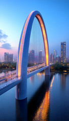 Obraz premium Modern arch bridge over river at dawn.