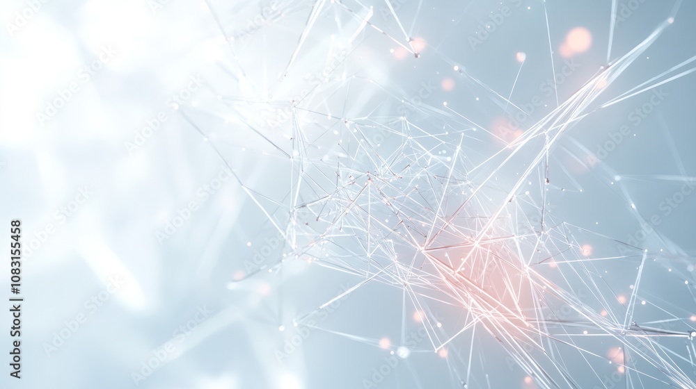 Poster internet technology with intricate geometric shapes and luminous particles floating against a white 