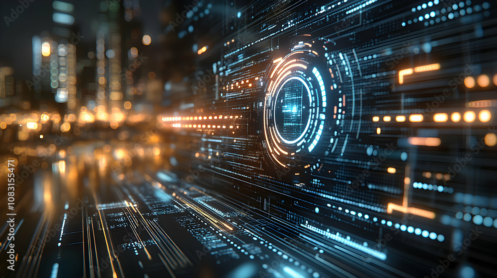 Poster abstract 3d digital interface displays futuristic data streams over night city background