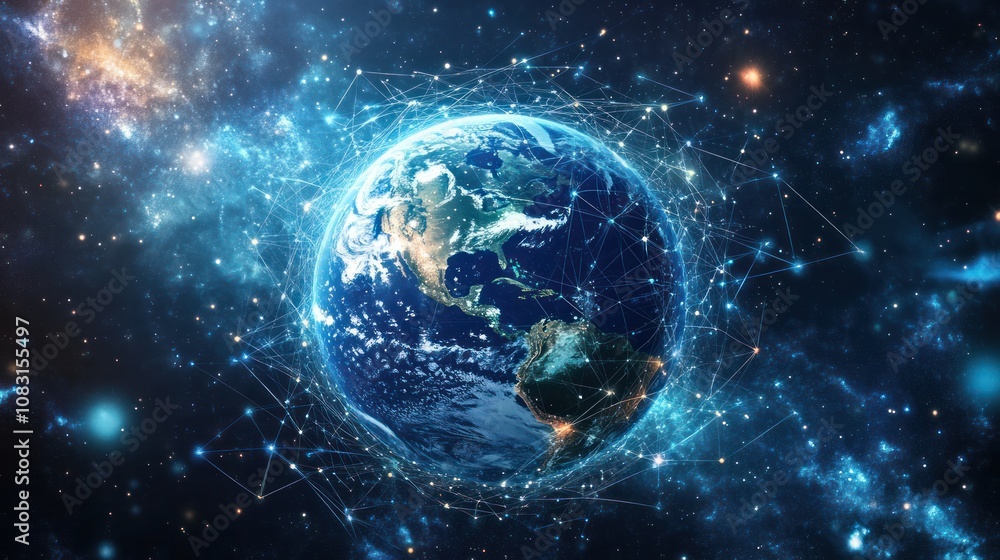 Poster earth surrounded by a network of digital connections, represented by glowing lines and nodes linking