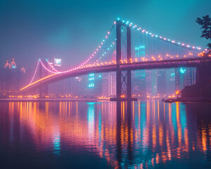 Obraz premium Night cityscape with illuminated suspension bridge reflecting in calm water.