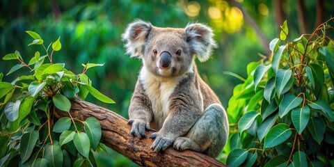 In a picturesque panorama, a koala rests peacefully in a eucalyptus tree, nestled among vibrant green leaves, showcasing the beauty of Australia's arboreal herbivores.
