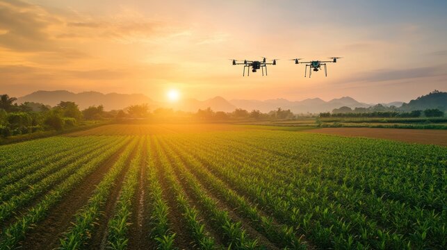 A cutting-edge agricultural technology using drones to monitor crops, spray fields, and gather data at sunset, enhancing efficiency, precision, and sustainability in farming operations.