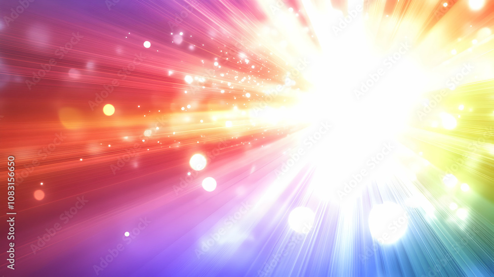Poster vibrant rainbow rays burst abstract background with glowing light effects and bright bokeh