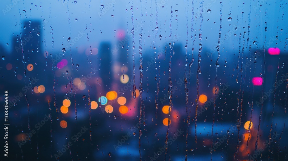 Aufkleber raindrops splattering on a clear window during a downpour creating streaks of water flowing down wit