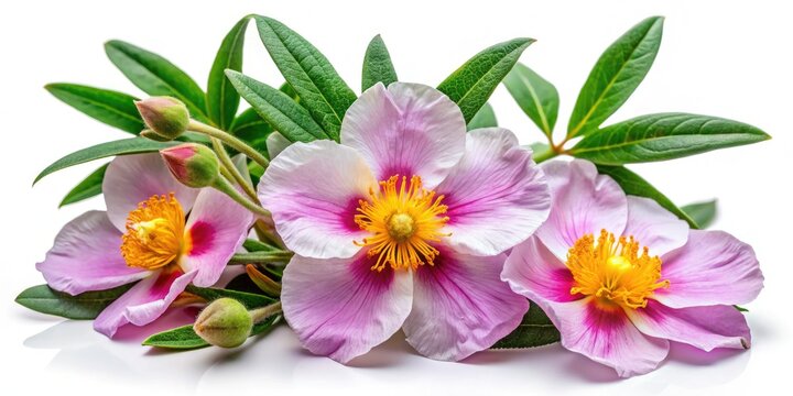 Isolated labdanum flower and foliage on a clean white backdrop, highlighting their natural beauty and unique features, perfect for botanical photography enthusiasts.