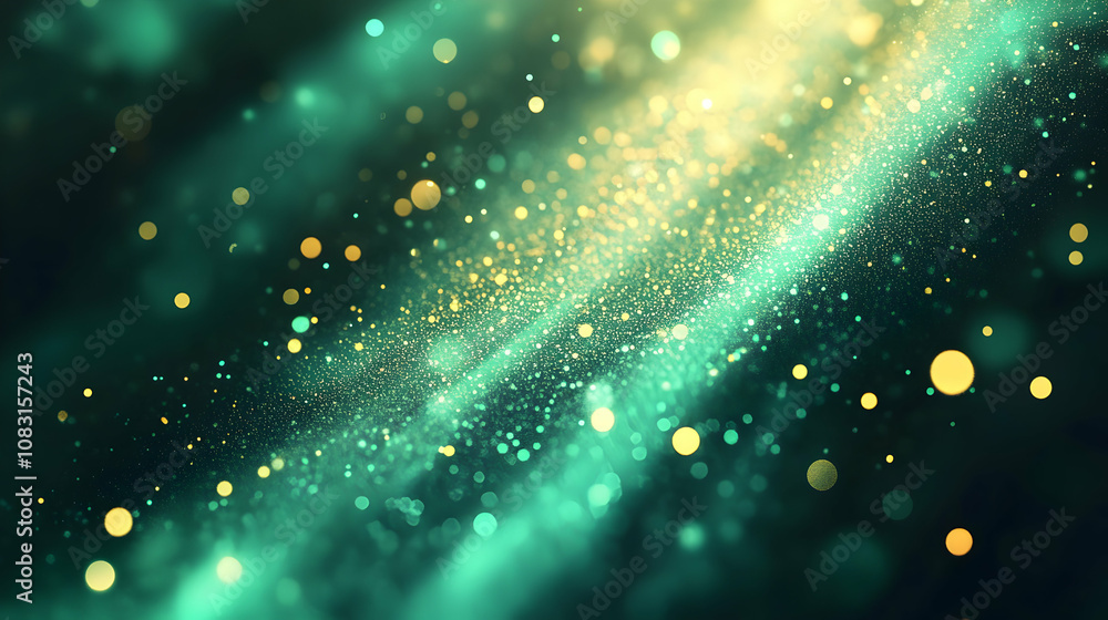 Poster abstract emerald and gold glitter background: shimmering particles flow dynamically across a dark ca