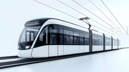 Naklejka premium Modern Electric Tram Rendering: A Sleek, White, and Futuristic Design for Urban Transit