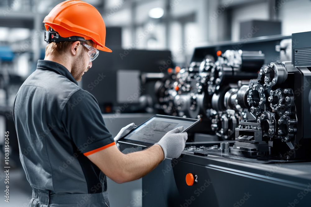 Poster worker operates advanced machinery using digital tablet to enhance efficiency in industrial setting
