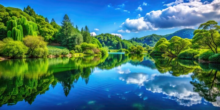 Nestled under a radiant blue sky, Kyoga's serene landscape features lush greenery and peaceful water reflections, inviting calm and tranquility in a breathtaking environment.