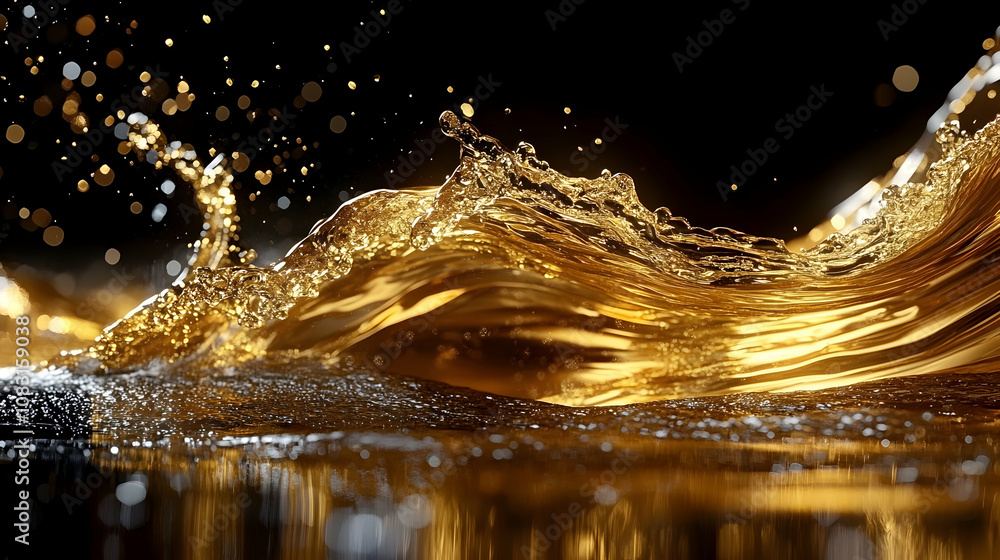 Poster golden liquid waves crashing, 3d render of abstract background with sparkling particles