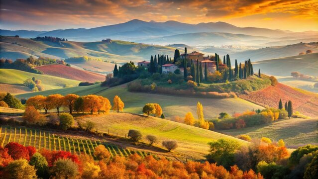 Golden Hour Hues Paint the Tuscan Landscape, Where Rolling Hills Meet a Village Nestled Amidst Autumnal Foliage