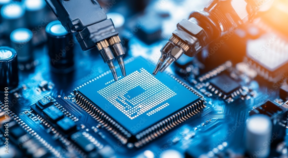 Poster technicians analyze semiconductor chips to enhance performance in modern computing systems and devic