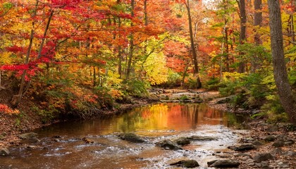 Autumn Forest Ablaze With Vibrant Red, Orange, and Yellow Leaves, as a Gentle Brook Winds Through the Trees, Reflecting the Fall Colors in the Crystal Clear Water Below
